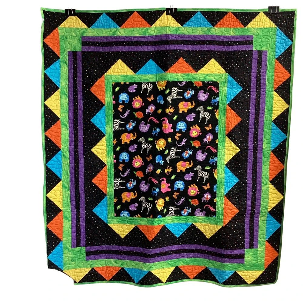 Handmade Baby Quilt Colorful Zoo Animals Kids Toddler Blanket Play Mat 46.5 x 51